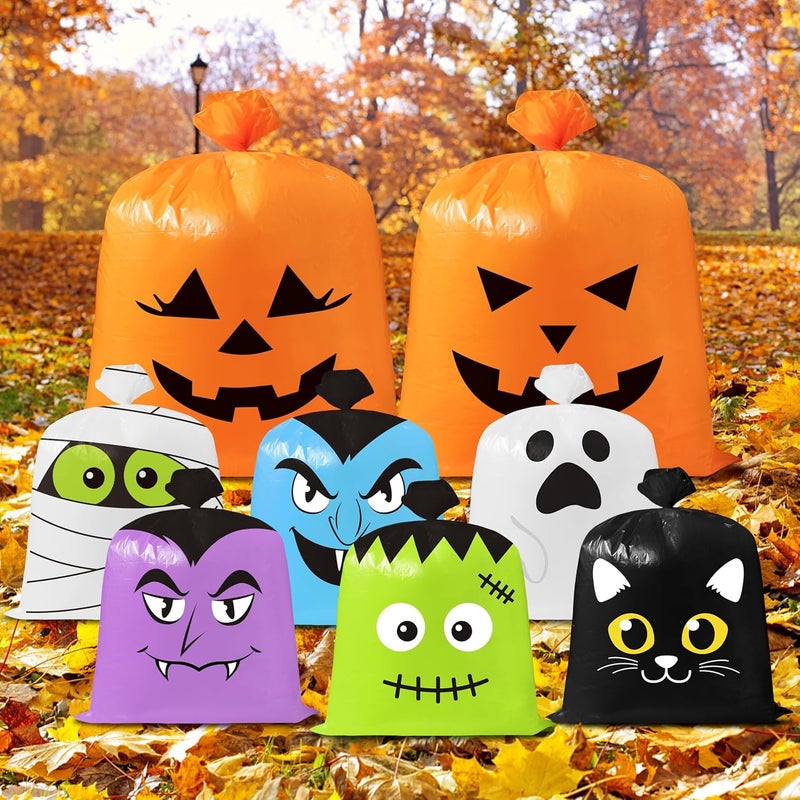 CNhoqc Halloween Lawn Leaf Bags - 8Pcs Halloween Theme Pumpkin Black Cat Ghost Mummy Patterns Waste Bags with Twist Ties, Large Grass Plastic Trash Container for Garden Outdoor Halloween Decorations - Image 1